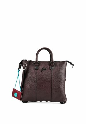 Borsa a mano in pelle marrone scuro con doppio manico e una piccola pochette rossa attaccata con una cinghia blu sul lato.