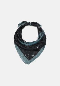 Black and teal silk scarf, triangular shape, featuring silver star patterns and shooting stars, with a smooth texture and 'COACH' branding.