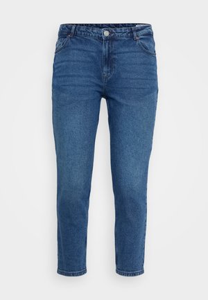 Jeans de mezclilla azul con una cintura de medio tiro, diseño de cinco bolsillos y corte recto. Cuenta con costuras y detalles de metal.