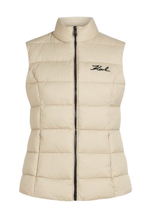 Kreemi värvi ilma varrukateta puffer vest kõrge kraega, lukuga kinnitamine ja must "Karl" logo tikand rinnal. Kliimasteks on kogu pinna ulatuses quilted tekstuur.