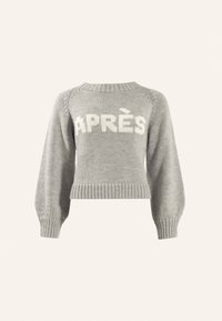 Grauer gestrickter Pullover mit langen Ärmeln, gerippten Bündchen und Saum. Mit der Aufschrift "APRÈS" in weißer Strickschrift auf der Vorderseite.