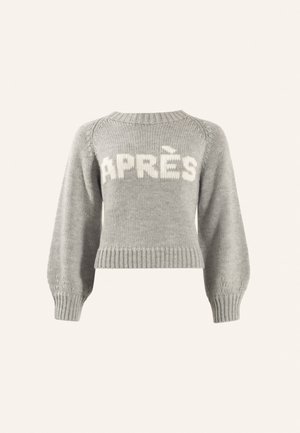 Grey knitted sweater with long sleeves, ribbed cuffs, and hem. Features "APRÈS" in white knit lettering across the front.