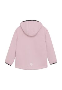 Giacca softshell rosa con cappuccio, dotata di dettagli neri sui polsini. Texture liscia, taglio di lunghezza media e logo sulla schiena.