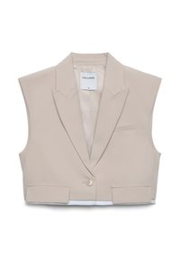 Blazer smanicato beige corto con colletto a punta, chiusura con un solo bottone e due tasche frontali. Tessuto liscio con design strutturato.