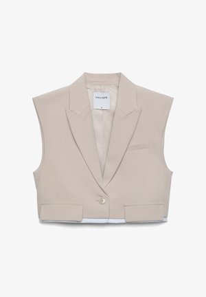 Beige ärmelloser, kurzer Blazer mit spitzem Kragen, Einzelknopfverschluss und zwei Vordertaschen. Glatter Stoff mit strukturiertem Design.