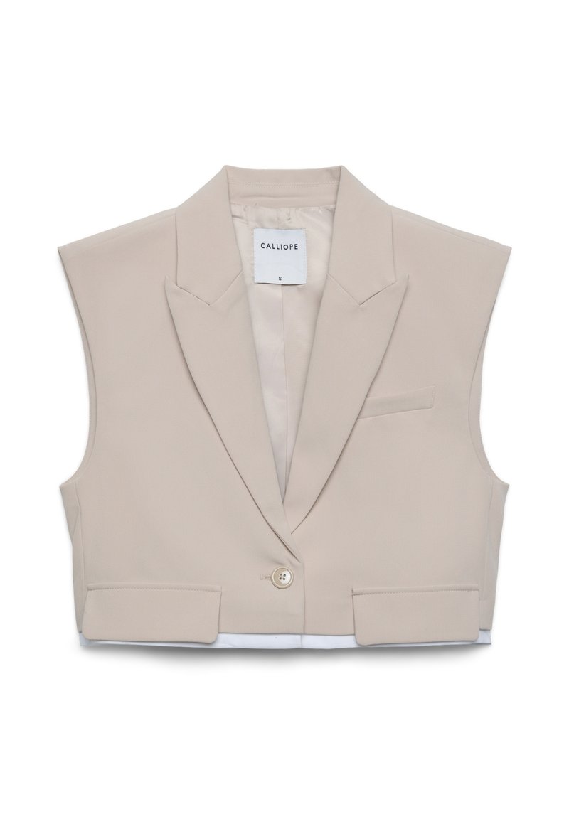 Blazer smanicato beige corto con colletto a punta, chiusura con un solo bottone e due tasche frontali. Tessuto liscio con design strutturato.