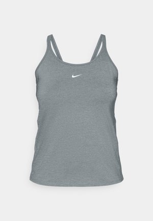 Grå treningssinglet med en tettsittende design, laget av mykt stoff. Har tynne stropper og en liten hvit Nike-logo på brystet.