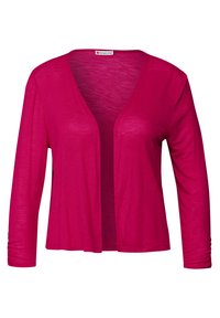 Gilet rose à manches longues avec une ouverture à l'avant et un tissu texturé. Il présente une coupe décontractée et un léger froncé au niveau des manches.