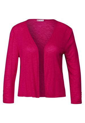 Cardigan rosa a maniche lunghe con apertura frontale e tessuto testurizzato. Presenta una vestibilità rilassata e una leggera arricciatura alle maniche.