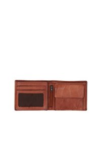 Brown leather wallet with multiple card slots, a zippered pocket, and a transparent ID window, showcasing smooth texture and stitched edges.