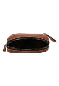 Brown leather zippered wallet with contrasting stitching, featuring a black zipper and an open interior showing its depth and design.