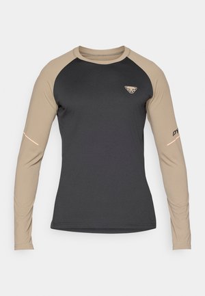 Kerge kangast pikkade varrukatega särk, millel on tumehall keha ja beežid raglani varrukad, logode detayli ja aktsentõmblustega.