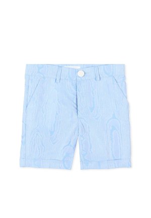 Jasnoniebieskie szorty z szlufkami na pasek, białym zapięciem na guziki, kieszeniami bocznymi i podwiniętymi zakończeniami.