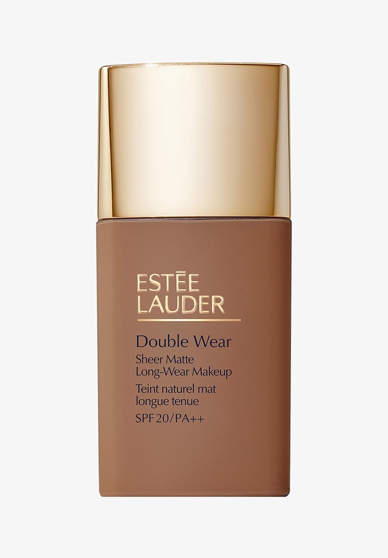 Fond de teint Estée Lauder Double Wear Sheer Matte à tenue longue durée avec SPF 20, dans un flacon rectangulaire marron avec un bouchon doré.