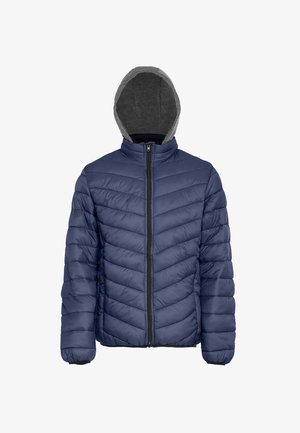 Sötétkék, steppelt pufi dzseki cikk-cakk mintával, teljes cipzárral és szürke húzózsinóros kapucnival. Könnyű, párnázott anyagból készült.