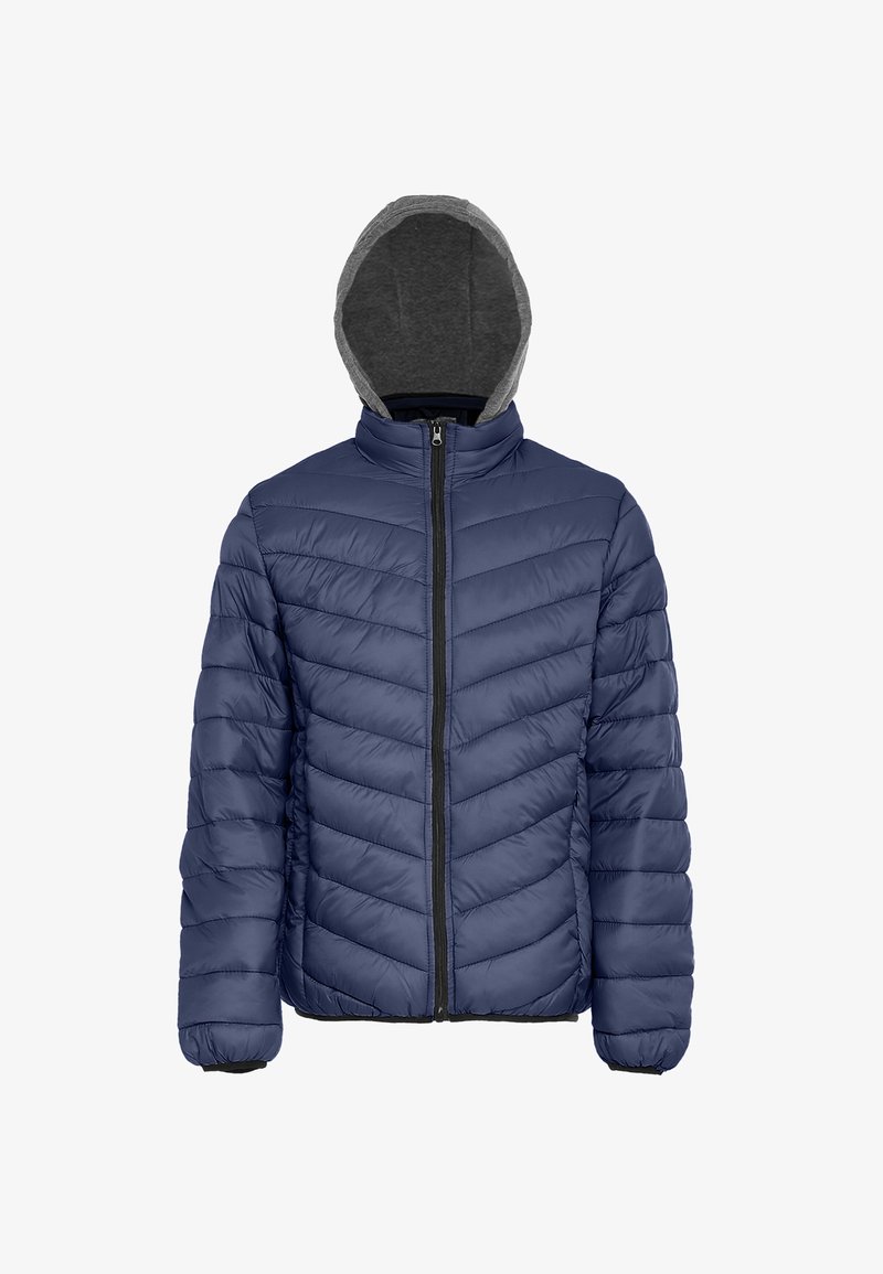 Giubbotto piumino blu navy con motivo a zig zag, zip completa e cappuccio con cordino grigio. Realizzato in tessuto leggero e imbottito.