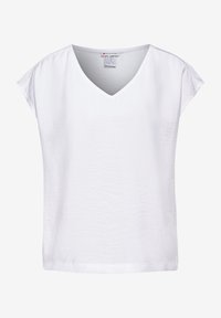 Top blanco de manga corta y escote en V, hecho de una tela suave con un corte relajado. Presenta una textura lisa y un diseño simple sin patrones.