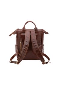 Zaino in pelle marrone con una finitura lucida, doppi manici superiori, spallacci regolabili e un compartimento con zip su un lato. Design semplice.