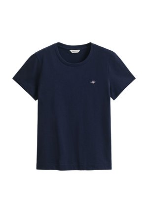 Marineblaue Baumwoll-T-Shirts mit kurzen Ärmeln, rundem Ausschnitt und einem kleinen, auf der Brust aufgestickten Logo. Weiche Textur, klassischer Schnitt.