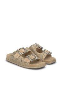 Beige sandalen met twee verstelbare riemen, versierd met rhinestones en geometrische uitsparingen, met een gevoerde voetbed en een gestructureerde zool.