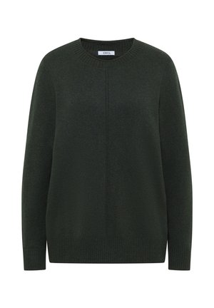 Suéter verde oscuro con cuello redondo, mangas largas, puños y dobladillo acanalados. Textura suave con un sutil detalle de costura vertical.