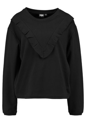 Mustat pitkähihaiset collegepaita, jossa on V-pääntie ja röyhelöyksityiskohtia. Paita on valmistettu pehmeästä materiaalista, ja siinä on rento istuvuus sekä tavalliset resorit hihansuissa.