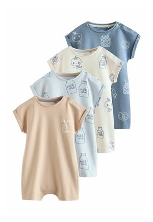 Fire kortærmede ribstrikkede babyheldragter i beige, lyseblå, hvid og blå, med print af mælkeflasker og frugt i linjetegning.