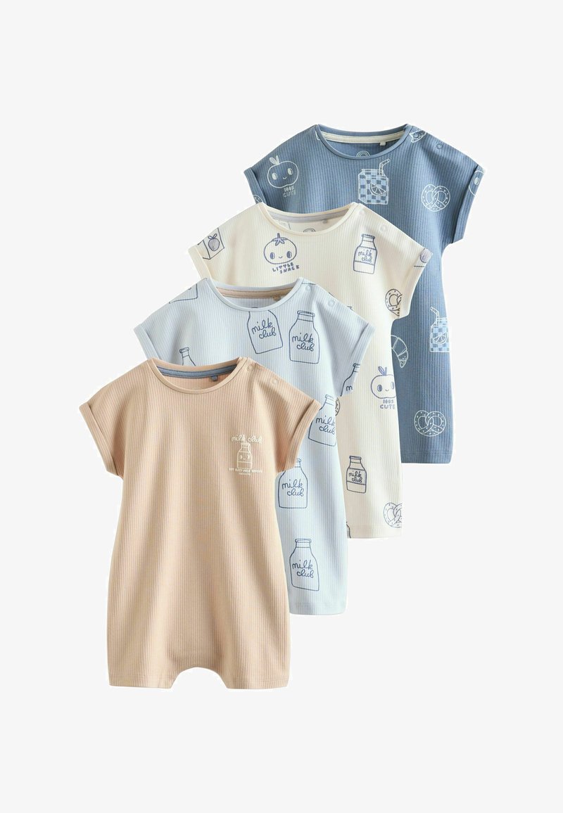 Cuatro peleles cortos para bebé de manga corta con textura acanalada en beige, azul claro, blanco y azul, con estampados lineales de biberón y frutas.