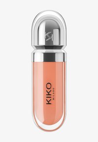 Skinnende tube med KIKO Milano læbepomade med metallisk sølvfarvet rund hætte og ferskenfarvet indhold.