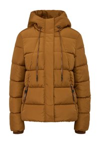 Doudoune matelassée marron avec capuche, fermeture éclair à l'avant, cordons dans la capuche et poches latérales zippées avec tirettes en cuir.