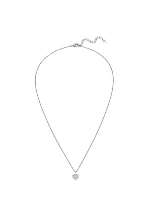 Srebrny naszyjnik z łańcuszkiem, w który wkomponowany jest kryształowy wisiorek w kształcie serca. Łańcuszek jest delikatny i zawiera regulowane zapięcie, które pozwala na dostosowanie długości.