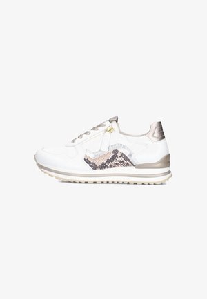 White sneaker with textured white leather, metallic accents, a textured beige and brown pattern, and a beige sole. Features decorative zipper.