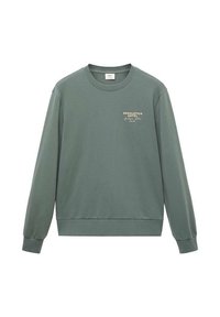 Long-sleeve sweatshirt in muted green. Crew neck, ribbed cuffs, and hem. Front features "Seoulstice Hotel" in white and gold text. Soft fabric.