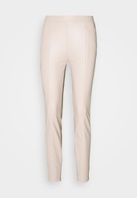 Pantaloni attillati beige con una texture liscia, caratterizzati da gambe slim e dettagli di cucitura laterale. Vita elastica e nessun chiusura visibile.