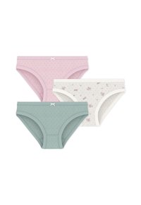 Τρία ζευγάρια γυναικείων βαμβακερών εσωρούχων: ένα ροζ με φιόγκο, ένα ανοιχτό πράσινο και ένα λευκό με λουλουδάτο σχέδιο, όλα με ελαστική μέση.