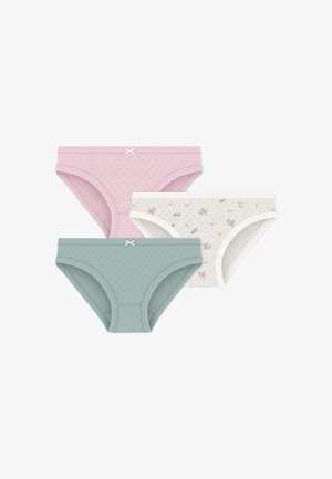 Tre par damebomuldsunderbukser: et lyserødt med sløjfe, et lysegrønt og et hvidt med blomstermønster, alle med elastiske linninger.
