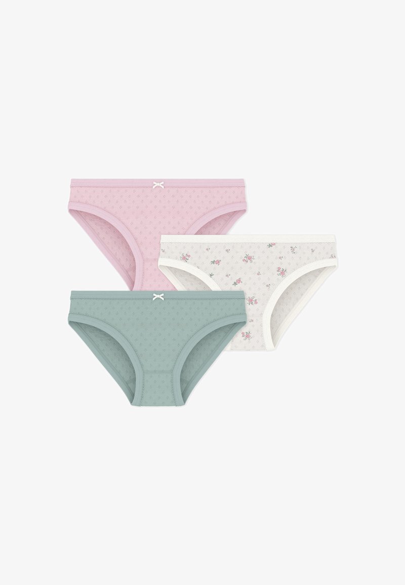 Τρία ζευγάρια γυναικείων βαμβακερών εσωρούχων: ένα ροζ με φιόγκο, ένα ανοιχτό πράσινο και ένα λευκό με λουλουδάτο σχέδιο, όλα με ελαστική μέση.