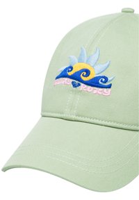 Hellgrüne Baumwoll-Baseballmütze mit einem mehrfarbigen gestickten Wellenmuster und einer Sonne sowie pinkem "Roxy"-Text.