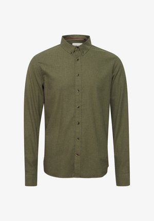 Oliwkowa, długosleeve koszula wykonana z teksturowanej tkaniny. Posiada kołnierzyk zapinany na guziki, zaokrąglony dół oraz ciemne guziki wzdłuż zapięcia.
