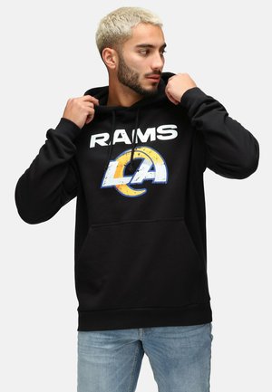 Sweat à capuche noir avec "RAMS" et "LA" imprimés en blanc et bleu. Comprend une poche avant et un cordon de serrage à la capuche. En tissu mélangé en coton.