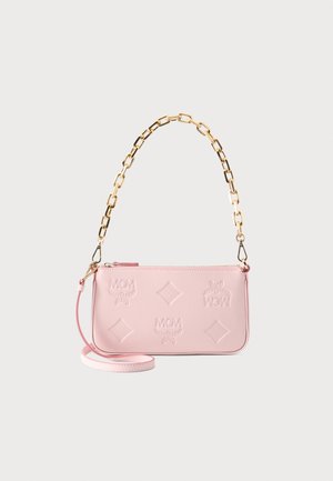 Light pink rectangular handbag with embossed logos, gold chain handle, and detachable shoulder strap on a plain white background.
