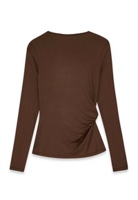 Rjava dolga majica z dolgimi rokavi s stransko zanko na desnem pasu, prikazana ravno na belem ozadju.