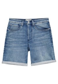 Shorts en denim bleu clair avec un effet délavé, cinq poches, ourlets retroussés et fermeture à bouton. Confectionnés en tissu denim robuste.