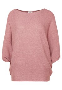 Rosa gestrickter Pullover mit einem lockeren, weiten Ausschnitt und kurzen, hängenden Ärmeln. Weiche Textur mit einem subtilen gerippten Muster überall.