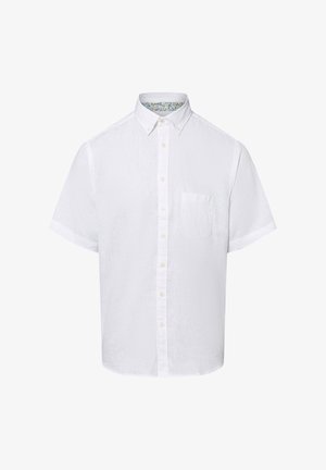 Lühikeste varrukatega valge nööbiga särk tekstuuriga kangast, millel on rinna tasku ja mustriline krae vooder.