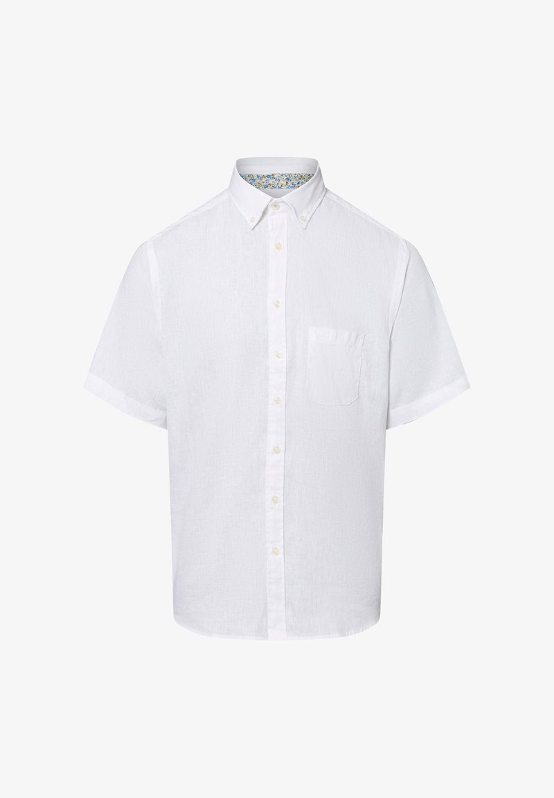 Camicia bianca a maniche corte con tessuto strutturato, dotata di una tasca sul petto e un colletto foderato con motivo.