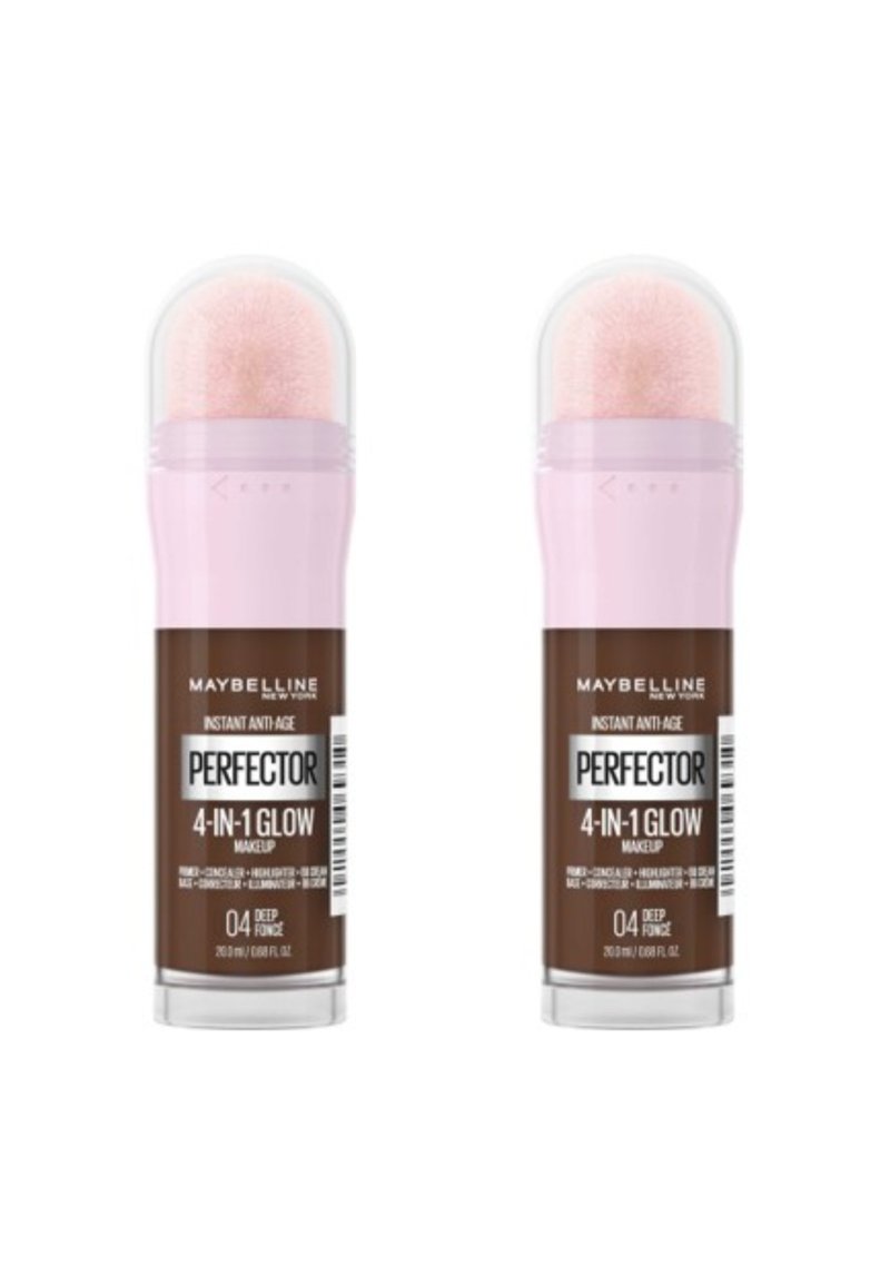 Maybelline Instant Anti-Age Perfector 4-en-1 Glow maquillage en Deep Forge. Tubes doubles avec des bouchons roses ; applicateurs en éponge en haut.