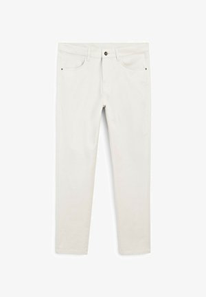 Pantaloni beige chiaro realizzati in tessuto misto cotone. Presentano cinque tasche, una chiusura con bottone frontale e un design a gamba dritta. Texture liscia.