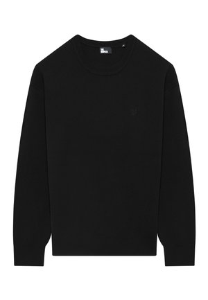 Schwarzer langärmeliger Rundhalsausschnitt-Pullover mit gerippten Bündchen und Kragen, ausgestattet mit einem kleinen schwarzen Logo auf der linken Brust.
