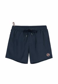 Pantaloni da bagno blu navy realizzati in tessuto leggero, con vita elasticizzata, chiusura con lacci e tasca laterale con patch logo.